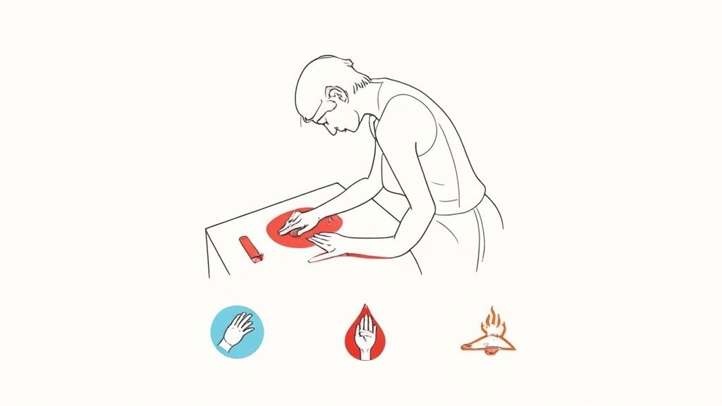 Illustration: Eine Person arbeitet an einem Tisch, rote Markierungen zeigen Verletzungsrisiken an Händen und Armen. Symbole für Schutz, Blut und Verbrennung sind abgebildet.