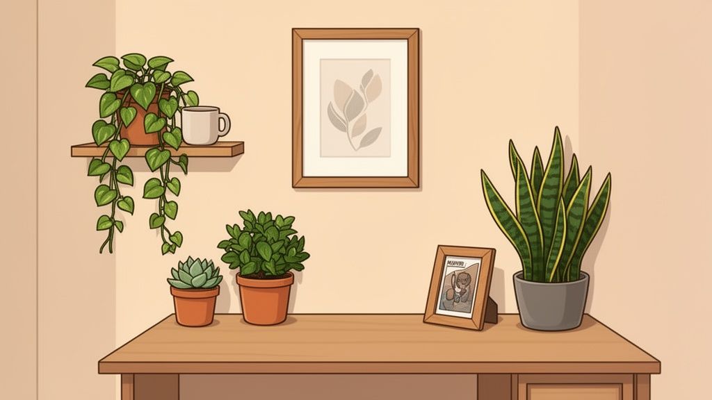 Een gezellige bureauplek met verschillende kamerplanten, een ingelijste foto en een kopje op een plank.