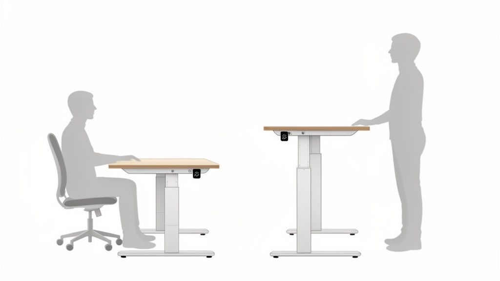 Ein sitzender und ein stehender Mann an elektrisch höhenverstellbaren Tischen.