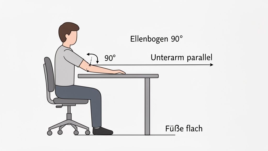 Eine Person sitzt ergonomisch korrekt am Schreibtisch: Ellbogen 90 Grad, Unterarm parallel zur Tischplatte, Füße flach auf dem Boden.