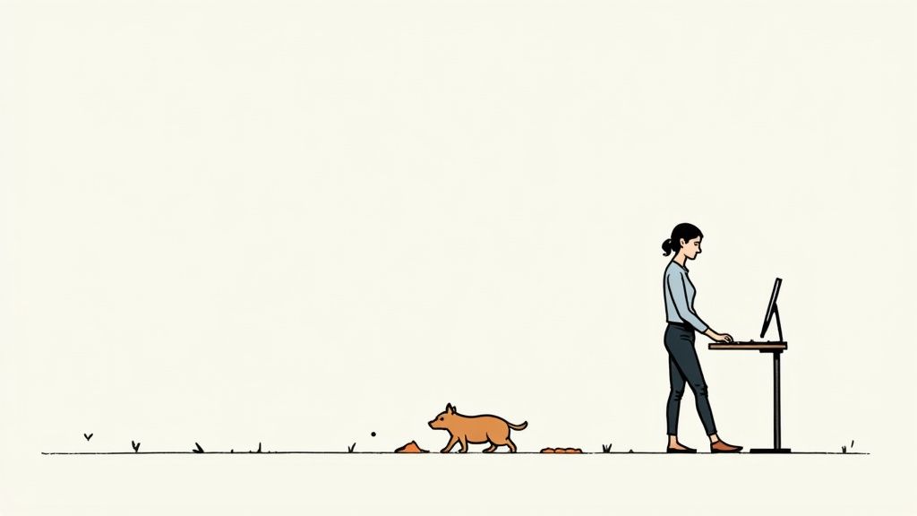 Person arbeitet im Stehen an einem ergonomisch korrekt eingestellten Schreibtisch