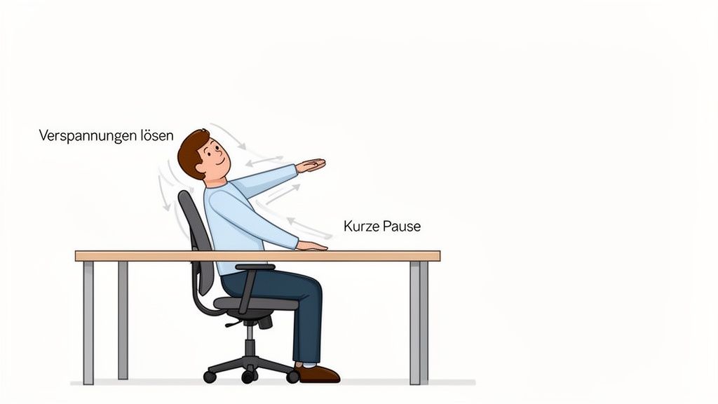 Eine Person am Schreibtisch macht eine kurze Pause und löst Verspannungen im Nacken und den Schultern.