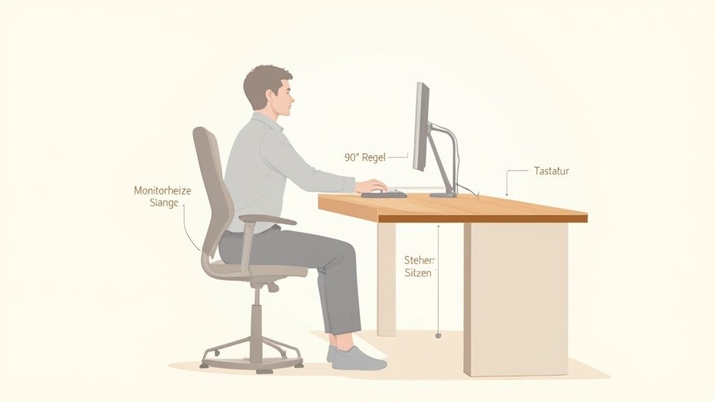 Mann sitzt ergonomisch korrekt an einem höhenverstellbaren Schreibtisch mit Monitor und Tastatur.