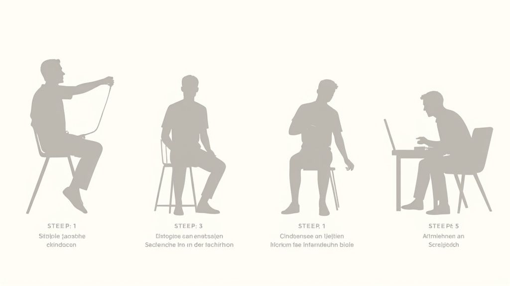 Vier Silhouetten von Personen, die verschiedene Sitzhaltungen auf Stühlen zeigen, eine Person arbeitet am Laptop.