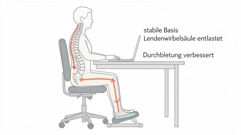 Ergonomische zithouding aan het bureau met voetsteun: stabiele basis, ontlastte lendenwervelkolom en verbeterde bloedcirculatie.