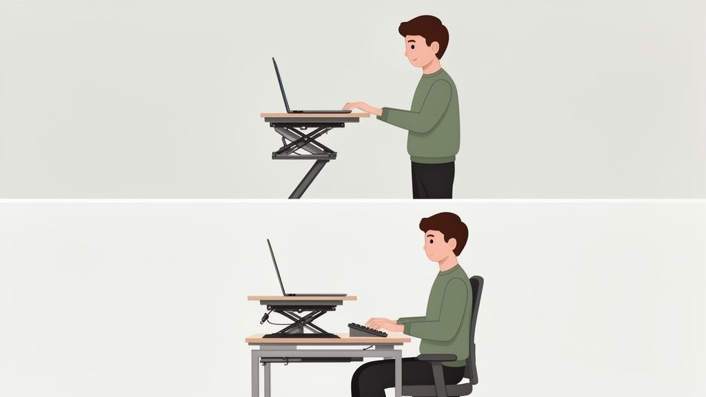 Mann arbeitet ergonomisch an einem höhenverstellbaren Laptop-Ständer, sowohl stehend als auch sitzend.