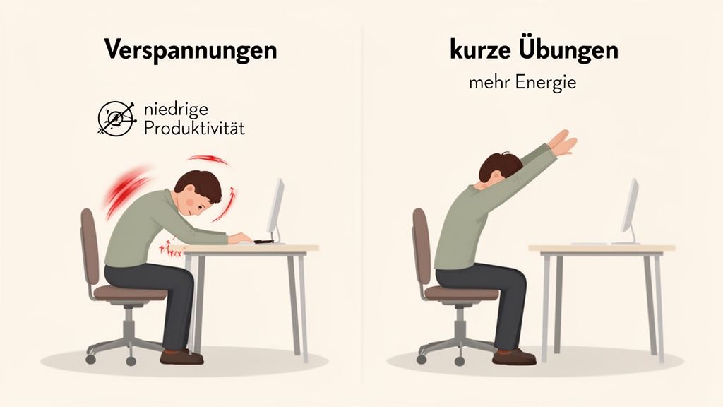 Zwei Bilder zeigen den Unterschied zwischen Verspannungen und kurzen Übungen am Arbeitsplatz für mehr Energie.