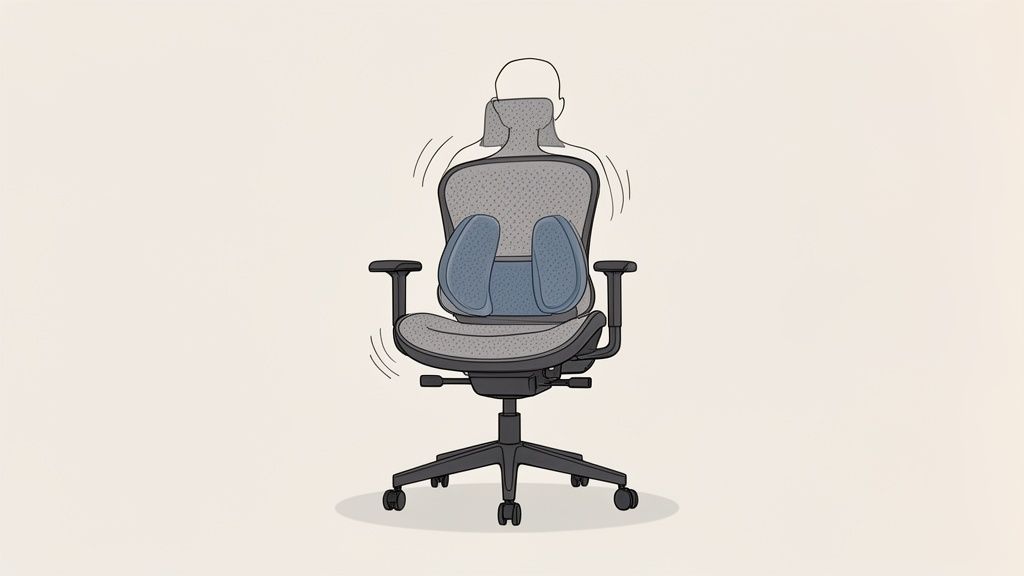 Ergonomischer Bürostuhl mit Lendenwirbelstütze und angedeuteter Person, die sich bewegt.