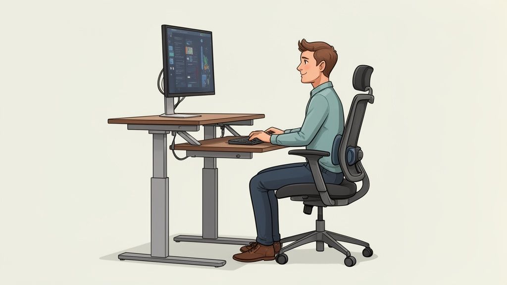 Glücklicher Mann arbeitet an einem ergonomischen Steh-Schreibtisch mit externem Monitor und Tastatur auf einer Ablage.