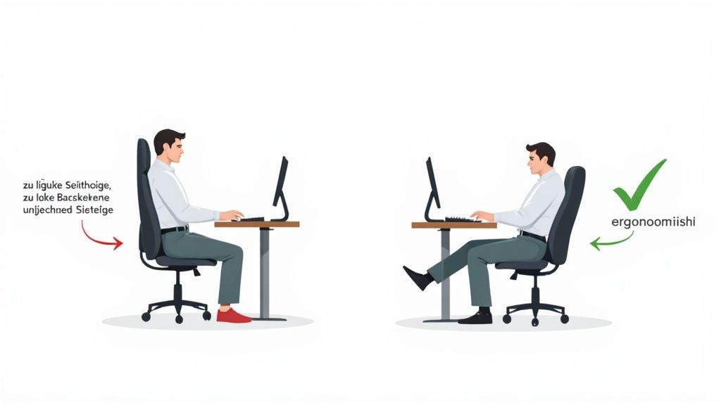Deze afbeelding toont het verschil tussen een verkeerde en een ergonomische zithouding aan het bureau.