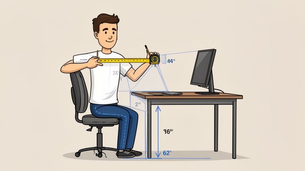 Iemand meet met een meetlint de afstanden voor een ergonomisch bureau op maat om de juiste hoogte te bepalen.