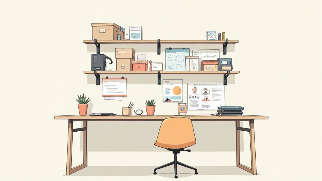 Ein ordentlicher und minimalistischer Arbeitsplatz mit Schreibtisch, Bürostuhl und zwei Regalen mit Büromaterialien und Pflanzen.