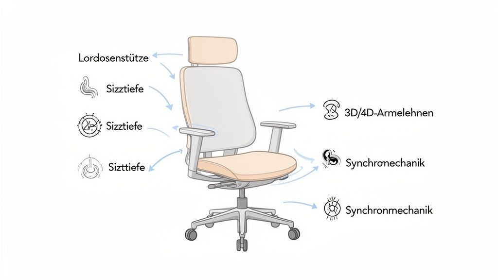 Illustration eines ergonomischen Bürostuhls mit Pfeilen, die auf Lordosenstütze, Sitztiefe, 3D/4D-Armlehnen und Synchronmechanik hinweisen.