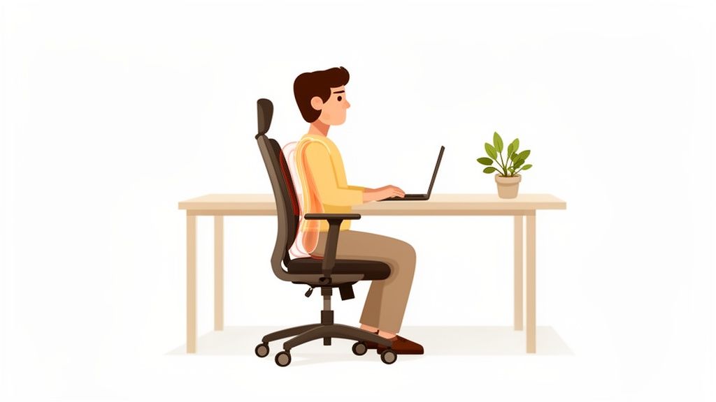 Een man zit ergonomisch correct aan een bureau met laptop op een bureaustoel met rugsteun.