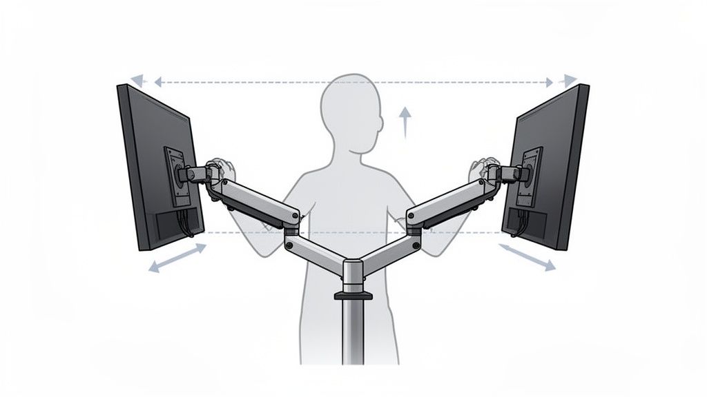 Illustration einer Person, die eine höhen- und seitenverstellbare Doppelmonitorhalterung für zwei Monitore einstellt.