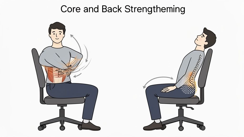Zwei Übungen auf einem Stuhl zur Stärkung von Rumpf und Rückenmuskulatur werden gezeigt.