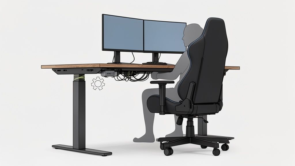 Person sitzt an einem höhenverstellbaren Schreibtisch mit zwei Monitoren und Gaming-Stuhl.