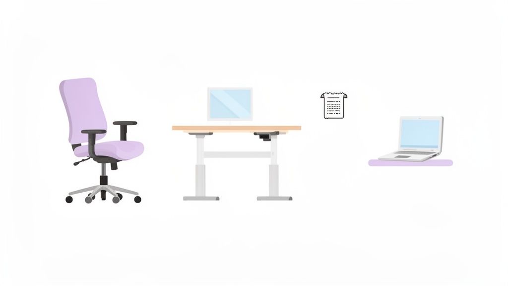 Homeoffice-Einrichtung mit ergonomischem Stuhl, höhenverstellbarem Schreibtisch, Monitor, Dokument und Laptop.