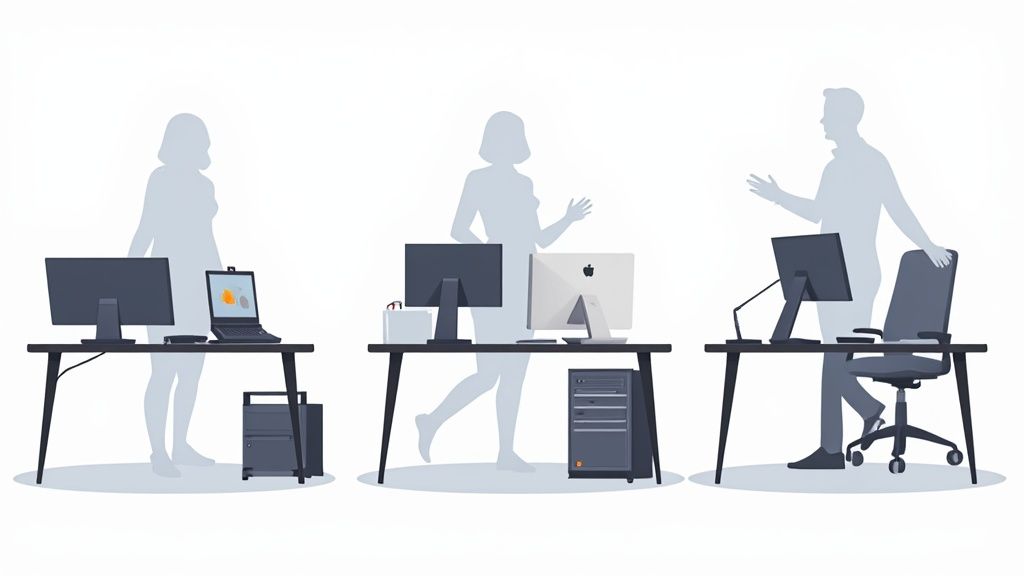 Drei moderne Arbeitsplätze mit Computern, Laptops und stehenden Personen, die Produktivität und Flexibilität symbolisieren.