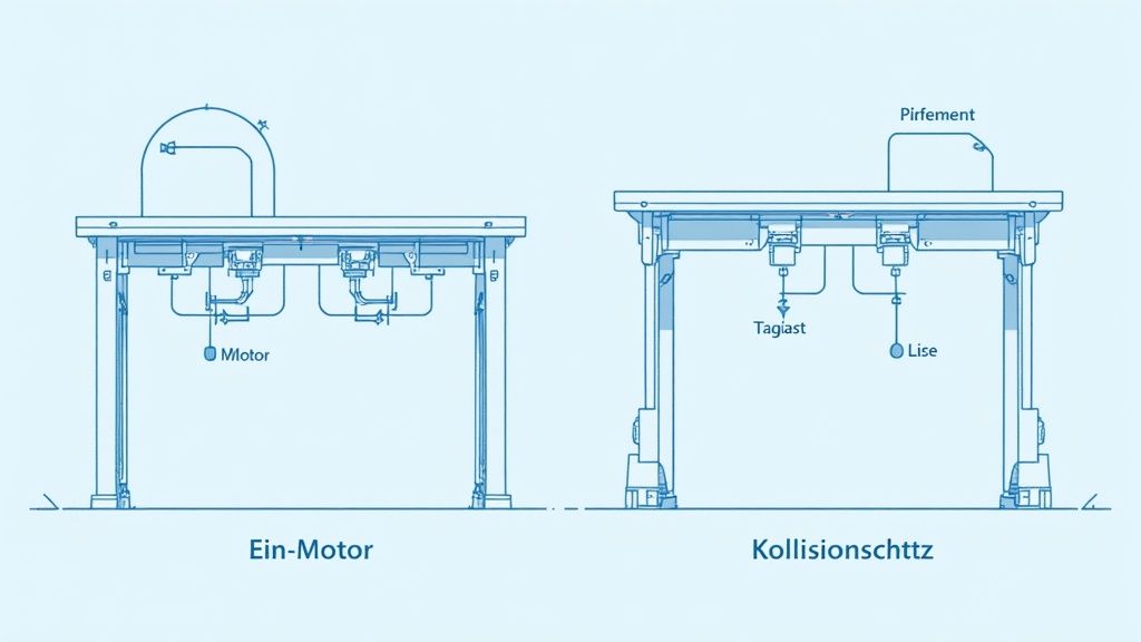 Zwei schematische Darstellungen von elektrisch höhenverstellbaren Tischgestellen mit Einzelmotor und Kollisionsschutzfunktion.