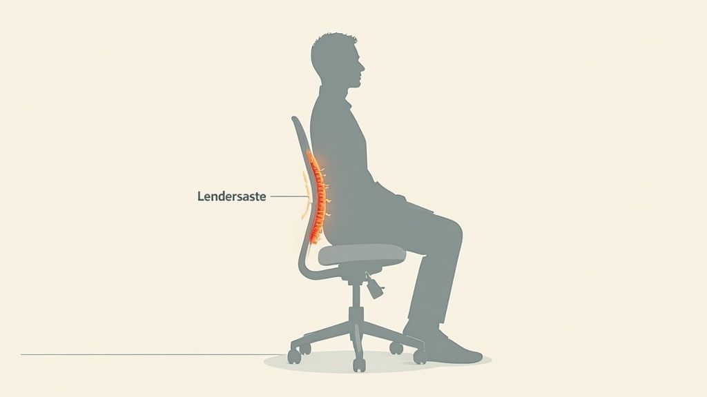 Silhouette einer Person im Bürostuhl mit hervorgehobener Lendenwirbelsäule, die ergonomische Unterstützung zeigt.