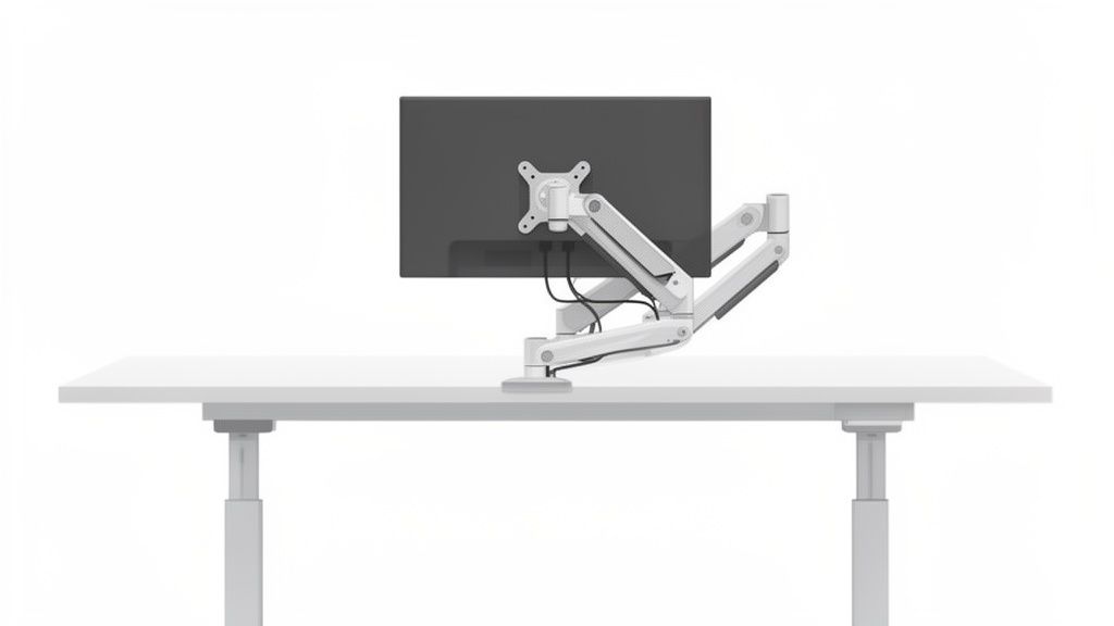 Rückansicht eines grauen Monitors an einer weißen, doppelarmigen VESA-Halterung auf einem höhenverstellbaren weißen Schreibtisch.