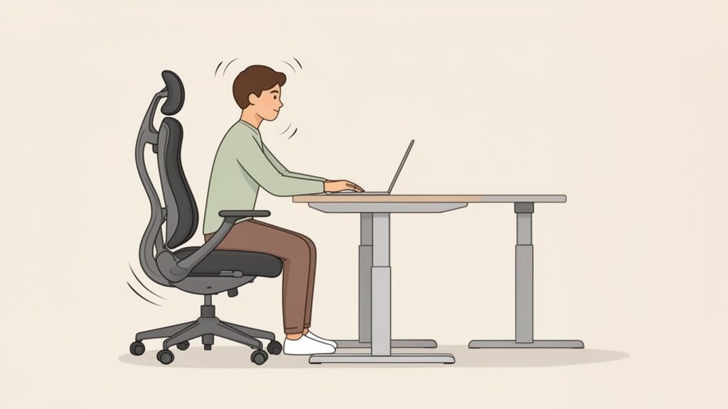 Ein Mann sitzt an einem höhenverstellbaren Schreibtisch und arbeitet am Laptop. Er nutzt einen ergonomischen Bürostuhl mit guter Haltung.