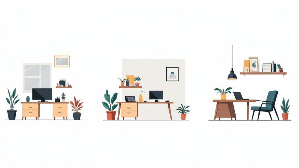 Drei minimalistische Büroeinrichtungen mit Schreibtischen, Computern, Pflanzen und Regalen in einem hellen Raum.