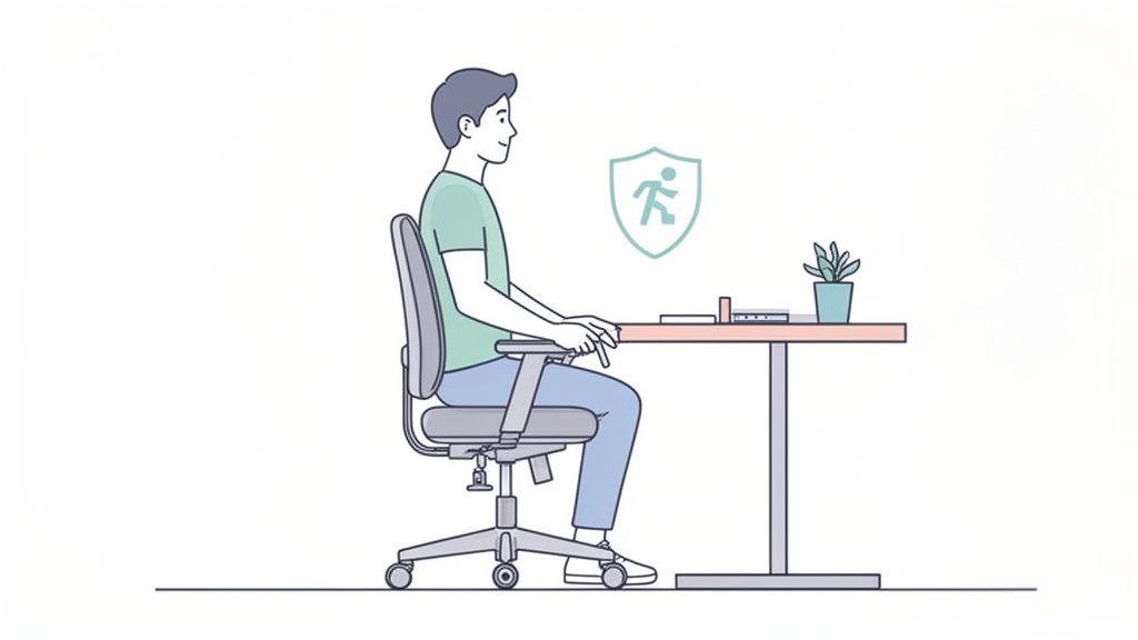 Ein Mann sitzt ergonomisch korrekt in einem Bürostuhl an einem Schreibtisch mit einer Pflanze und einem Bewegungssymbol.