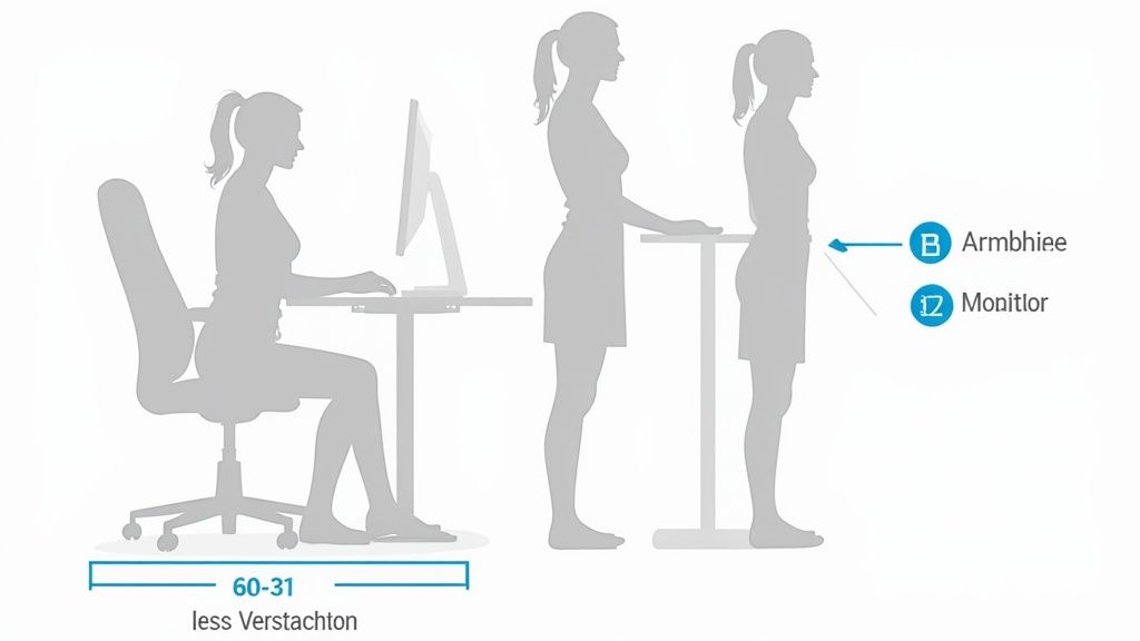 Ergonomische Arbeitspositionen: sitzend und stehend am höhenverstellbaren Schreibtisch, mit Hinweisen für Arm- und Monitorhöhe.