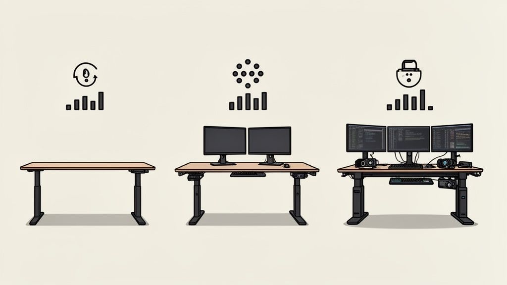 Drei elektrisch höhenverstellbare Schreibtische mit steigender Komplexität der Computerausstattung.