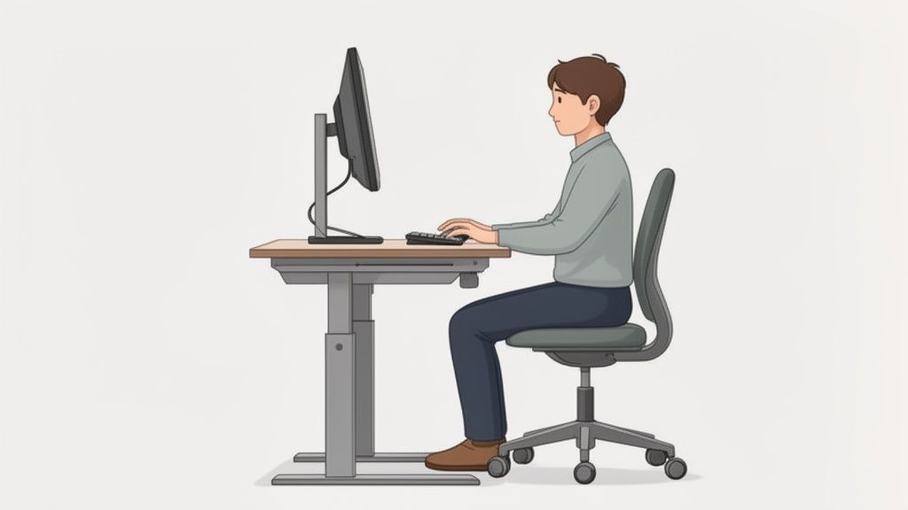 Een man zit rechtop aan een bureau, typt op de computer en heeft een goede houding.