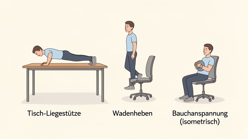 Drei einfache Übungen am Arbeitsplatz: Tisch-Liegestütze, Wadenheben und isometrische Bauchanspannung.