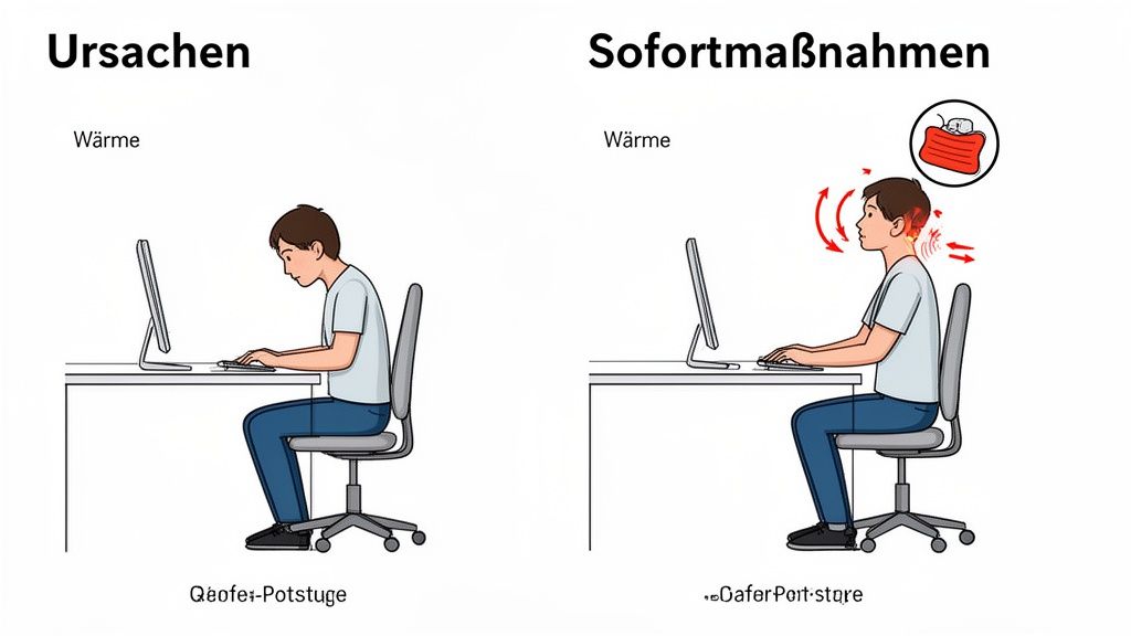 Illustration von Ursachen schlechter Haltung für Nackenverspannungen und Sofortmaßnahmen wie Haltungskorrektur und Wärme.