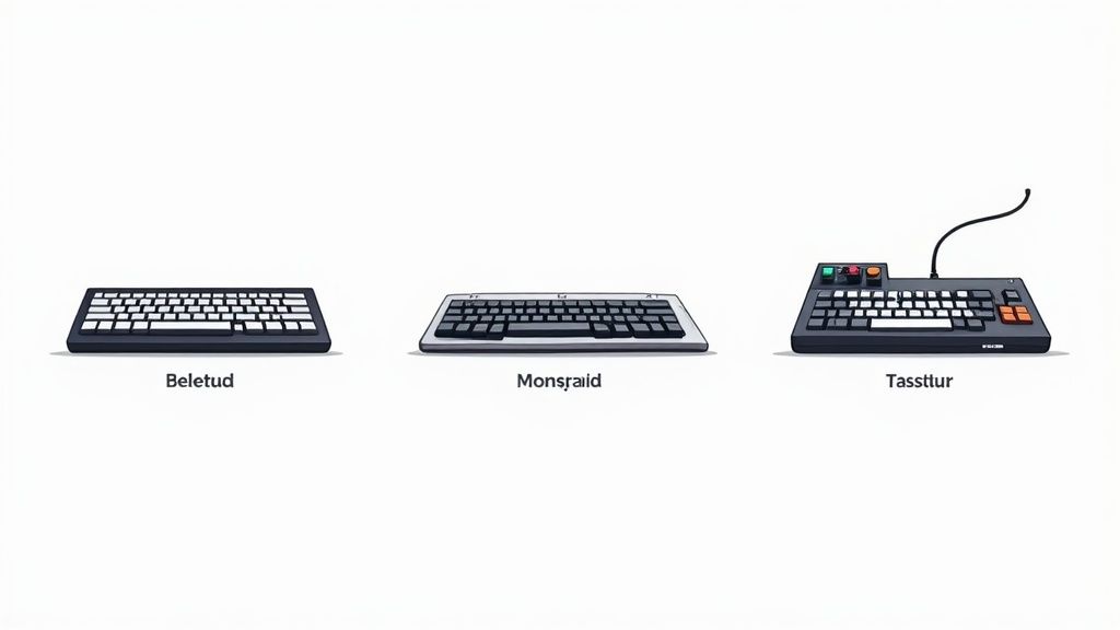 Drei ergonomische Tastaturmodelle Beletud, Monsraild und Tasstiur in dunkelblauer Farbe nebeneinander im Vergleich