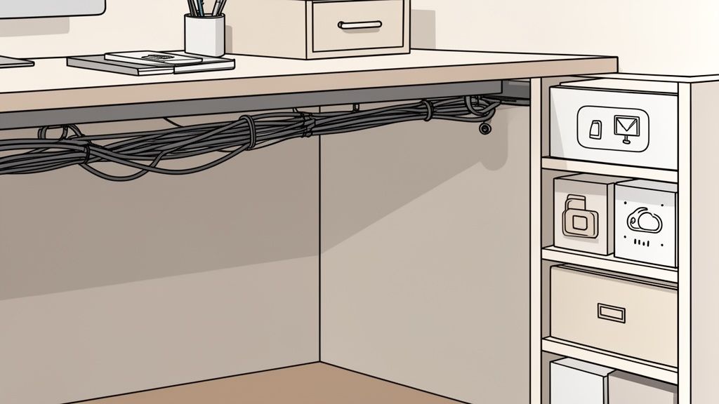 Sauber organisiertes Büro unter Schreibtisch mit Kabelmanagement und Regalablage für eine aufgeräumte Arbeitsumgebung.