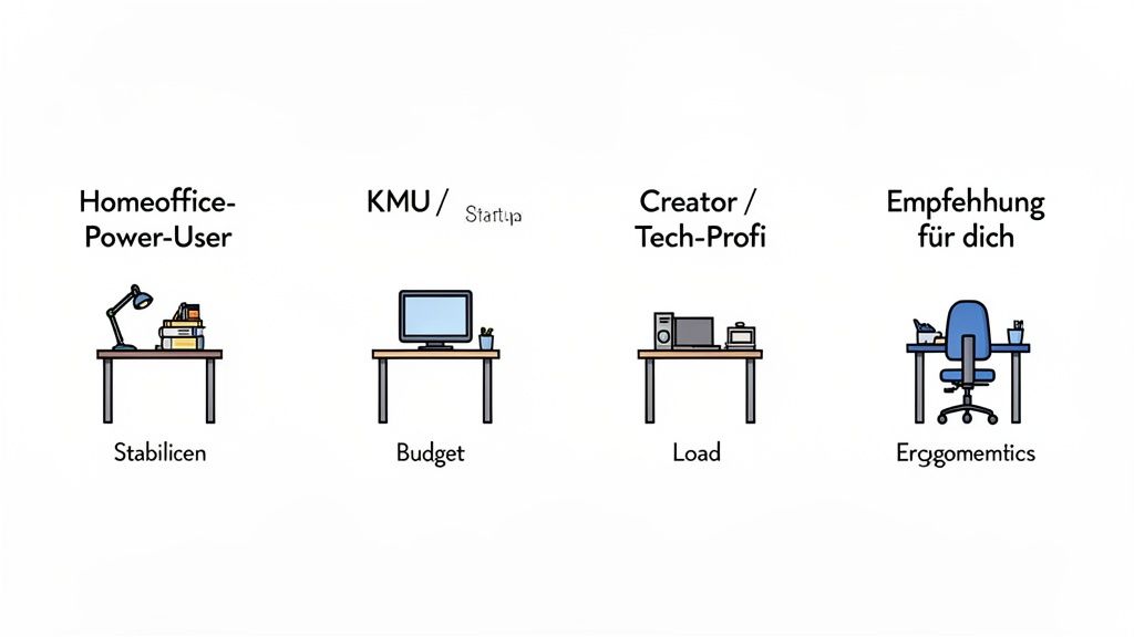 Vier illustrierte Schreibtisch-Setups für verschiedene Nutzerprofile: Homeoffice, KMU, Kreative und eine ergonomische Empfehlung.