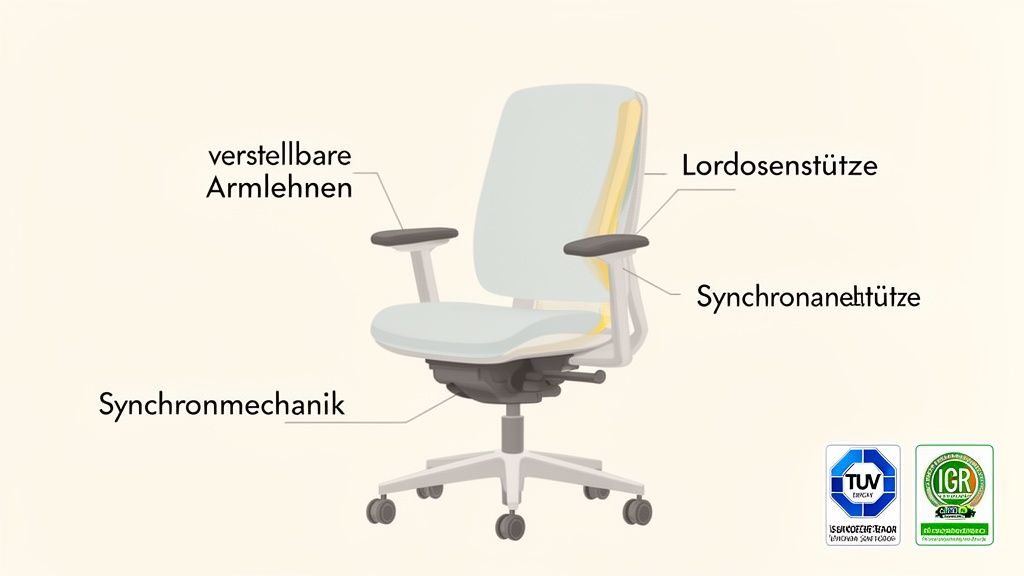 Diagramm eines ergonomischen Bürostuhls, das verstellbare Armlehnen, Lordosenstütze und Synchronmechanik hervorhebt.
