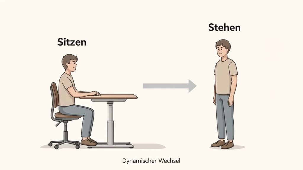 Illustration zeigt den dynamischen Wechsel zwischen Sitzen und Stehen an einem höhenverstellbaren Schreibtisch.