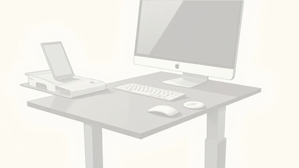 Ein moderner, höhenverstellbarer Schreibtisch in L-Form in einem hellen Heimbüro, der sowohl Platz als auch Ergonomie bietet.