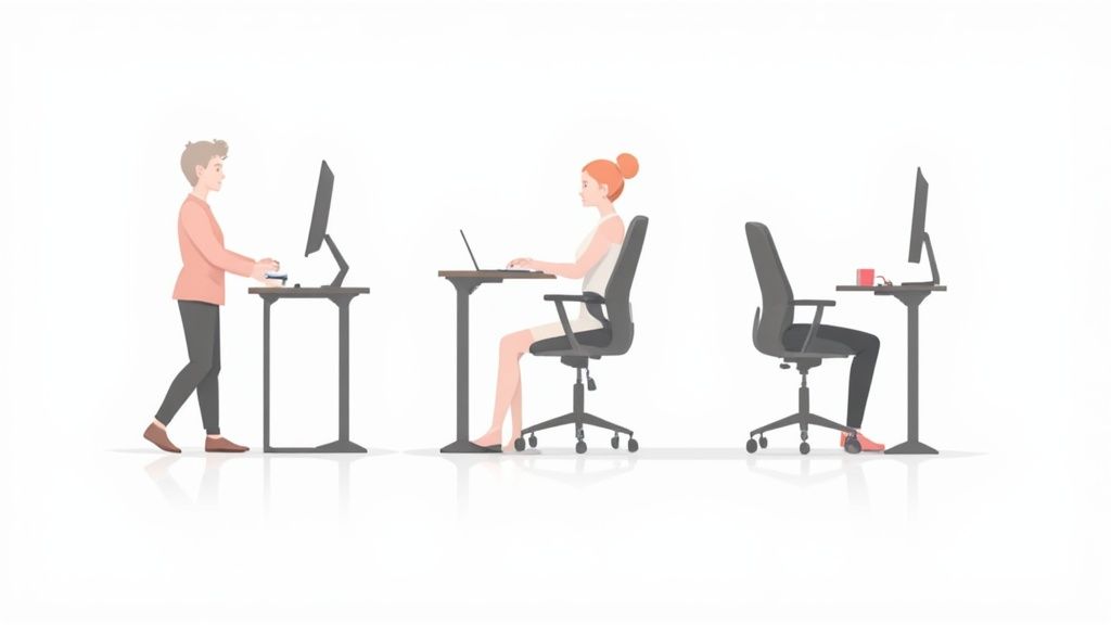 Eine Person stellt die Höhe eines ergonomischen Bürostuhls an einem höhenverstellbaren Schreibtisch ein.