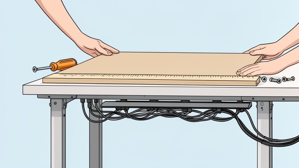 Zwei Hände platzieren eine Holzplatte mit Markierungen auf einem elektrisch höhenverstellbaren Schreibtisch, daneben Werkzeug.