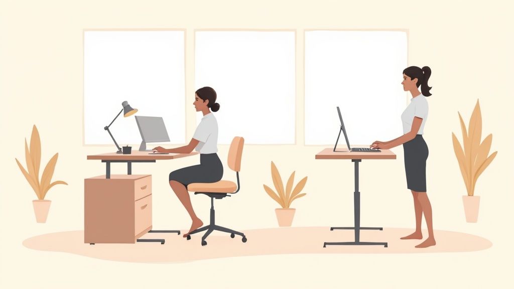 Zwei Frauen arbeiten an höhenverstellbaren Schreibtischen in einem hellen Büro, eine sitzend, die andere stehend.