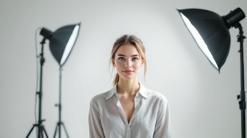 Headshot lighting setup with a model and various lighting equipment.