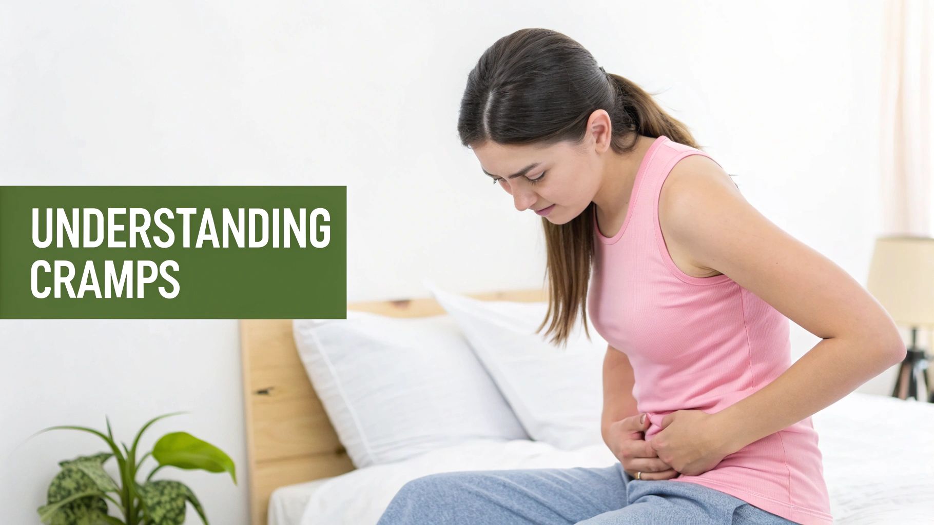 A person holding a hot water bottle to their lower abdomen for comfort from cramps.