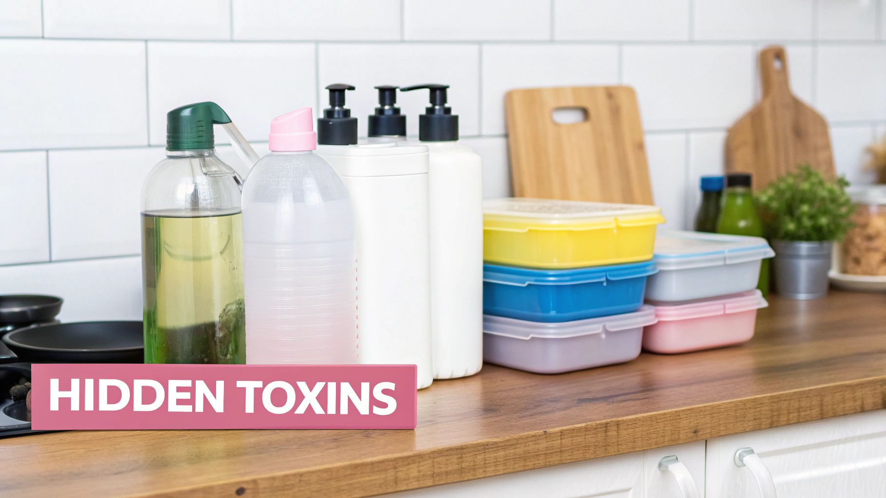 A collection of everyday items like cosmetics and plastic containers, highlighting potential sources of EDCs.