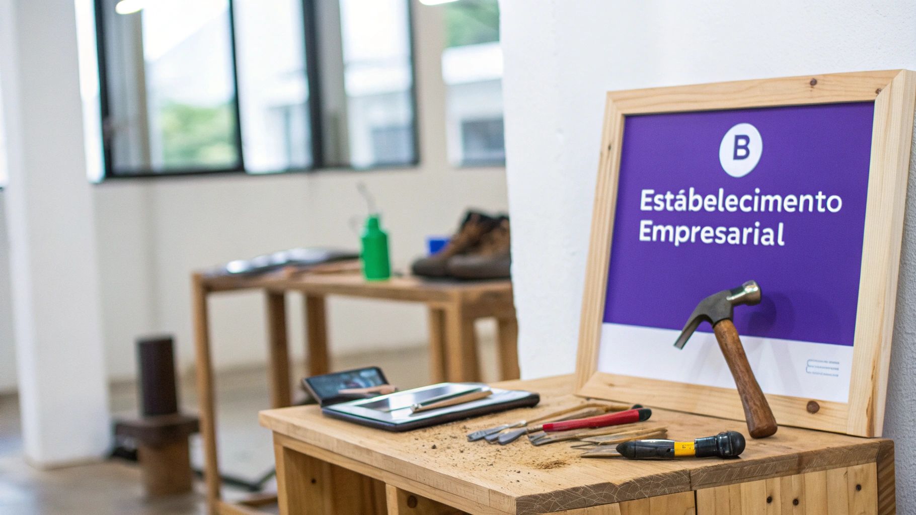 Mesa de madeira com ferramentas de escultura, martelo e um quadro roxo 'Estabelecimento Empresarial'.