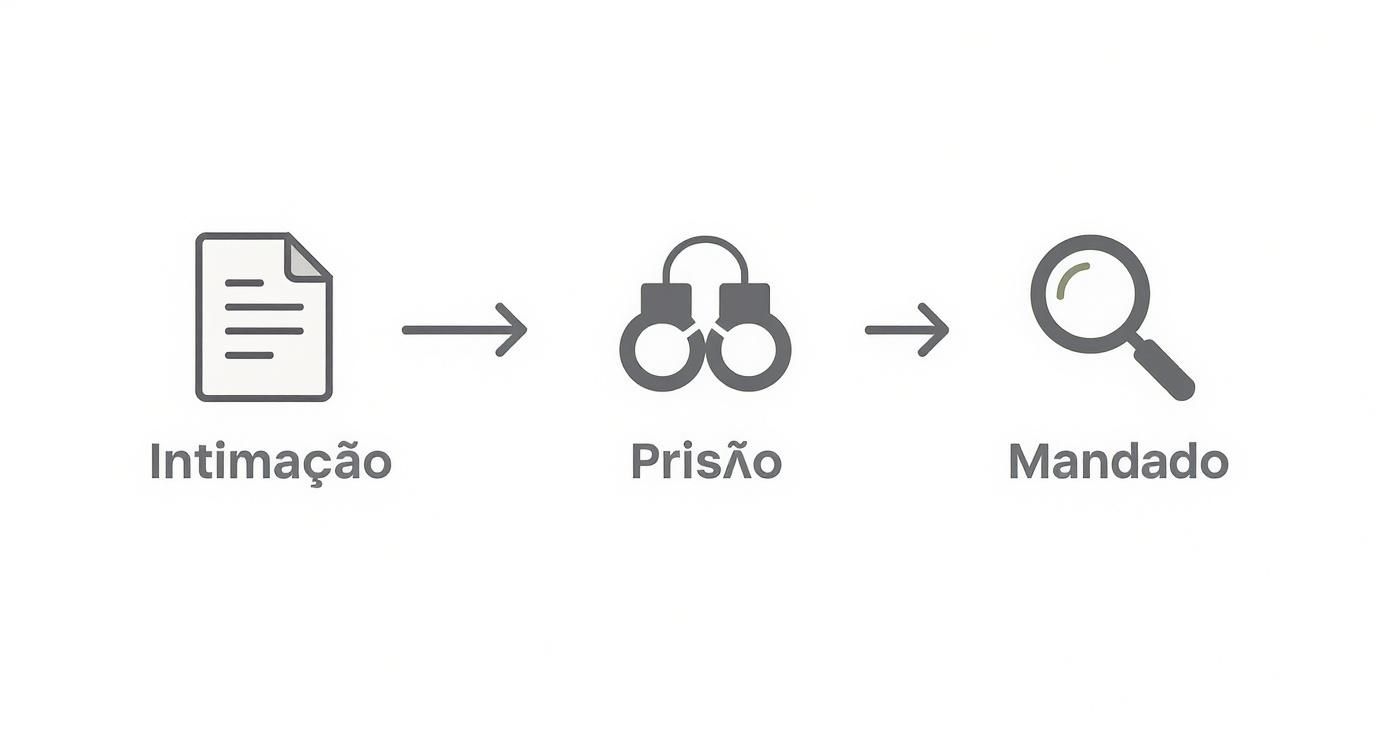 Advogado Criminalista em São Paulo: Guia Completo Para Sua Defesa 2 Fluxo de ações legais: intimação, prisão e mandado judicial representados por ícones.