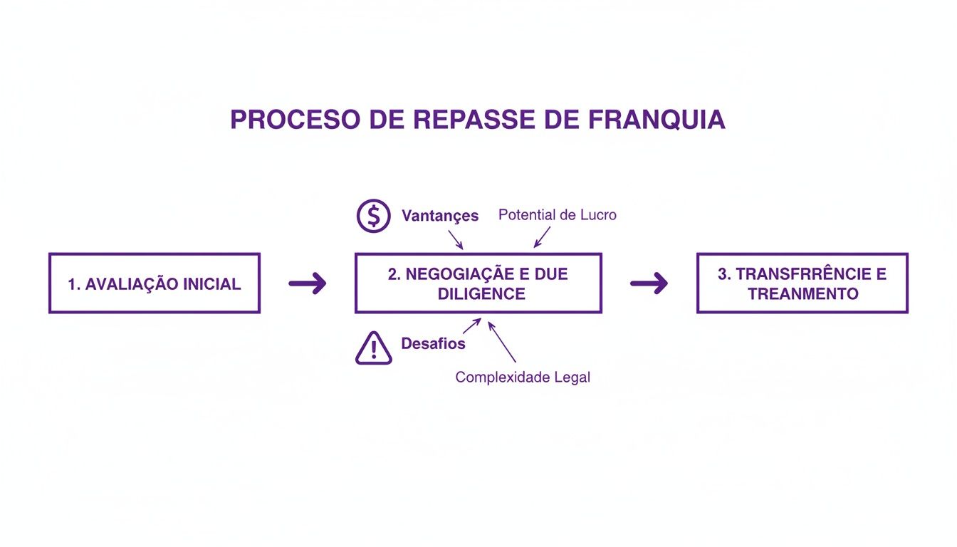 Repasse de Franquia: O Guia Completo Para Uma Transferência Segura 2 Fluxograma detalhado do processo de repasse de franquia, cobrindo avaliação, negociação e transferência com seus pontos chave.
