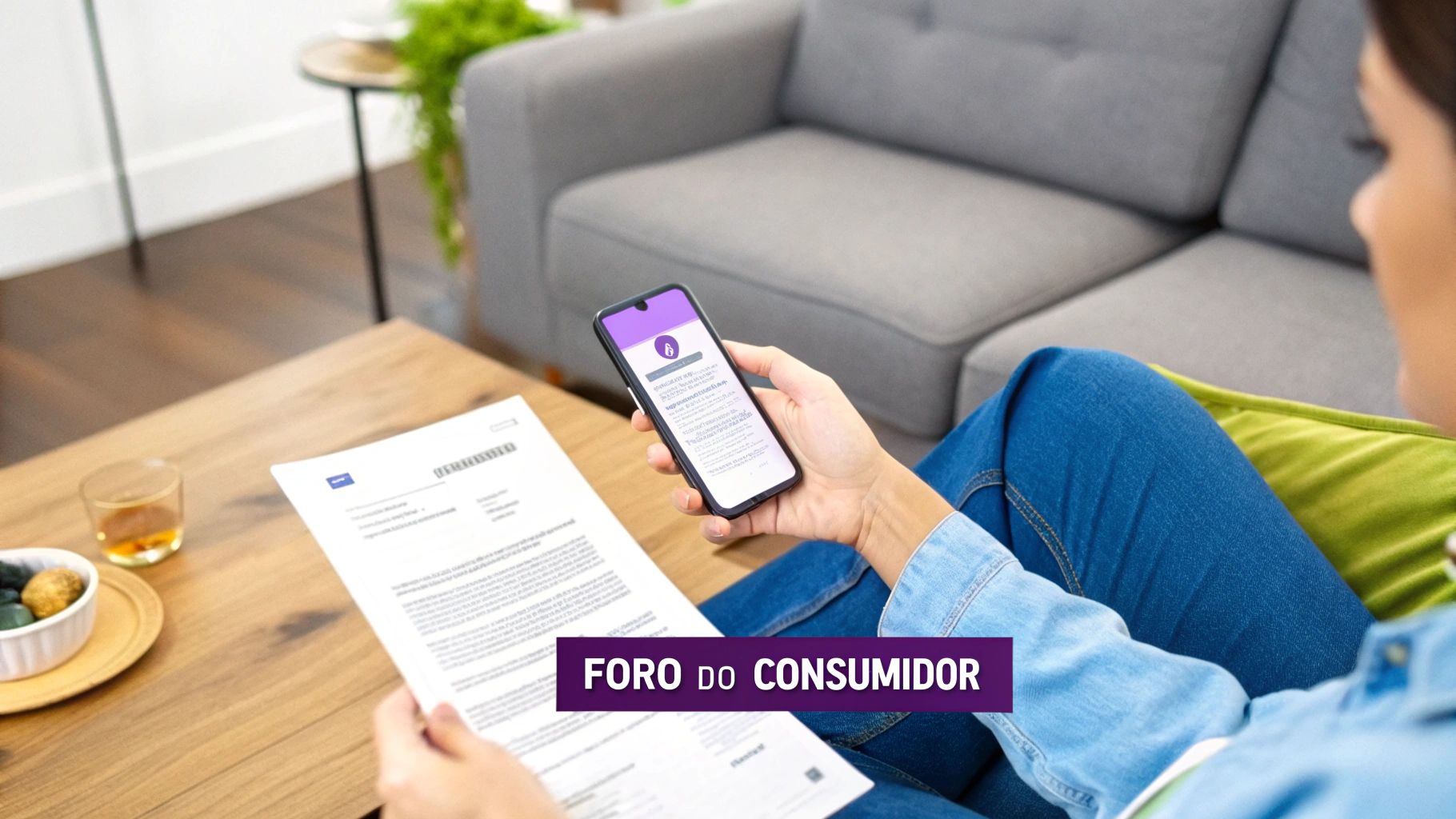 Ação de Cobrança Competência: Guia Completo Para Não Errar o Foro 2 Mulher sentada no sofá, segurando um celular e um documento, com a frase 'Foro do Consumidor'.